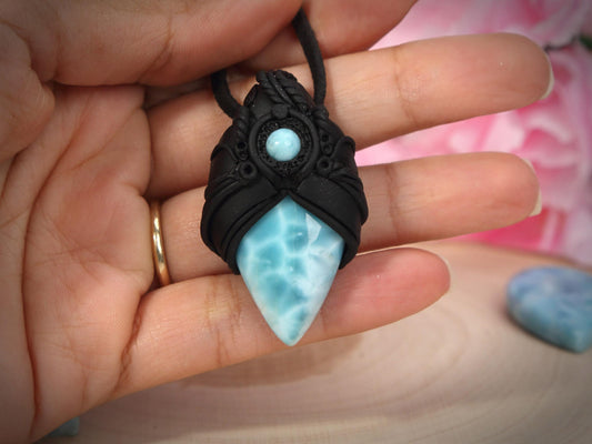Double Larimar Stone Pendant, Polymer Clay, Crystal Talisman Pendant Necklace, Ocean Blue Larimar, Christmas gift