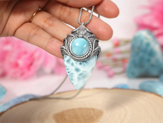 Double Larimar Stone Pendant, Polymer Clay, Crystal Talisman Pendant Necklace, Ocean Blue Larimar, Christmas gift