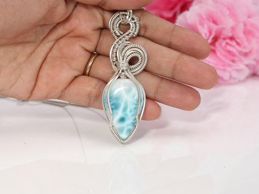 Exquisite Larimar Pendant, Silver wire wrapped Larimar necklace, Top grade Larimar, AAA Larimar, Spiral Pendant, Christmas gift