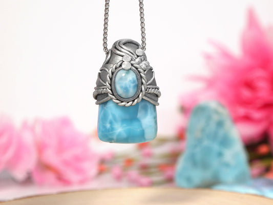 Double Larimar Stone Pendant, Polymer Clay, Crystal Talisman Pendant Necklace, Ocean Blue Larimar, Christmas gift
