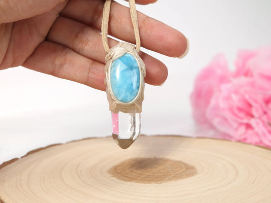 Larimar and Quartz Talisman Pendant: Polymer Clay Crystal Necklace, Christmas gift