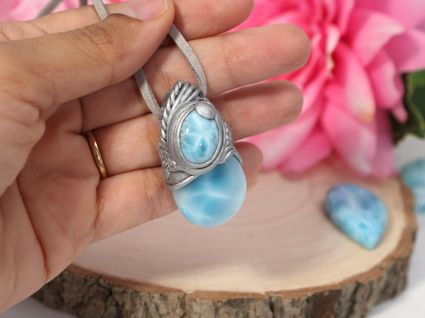 Double Larimar Stone Pendant, Polymer Clay, Crystal Talisman Pendant Necklace, Ocean Blue Larimar, Top grade Larimar, Christmas gift