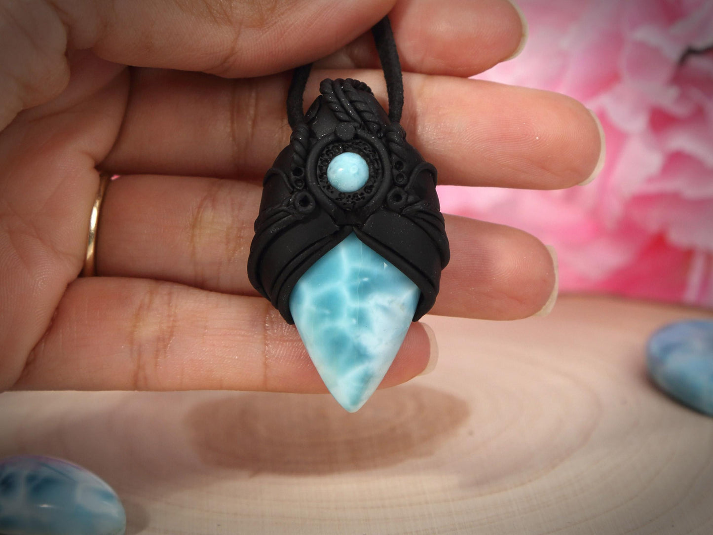 Double Larimar Stone Pendant, Polymer Clay, Crystal Talisman Pendant Necklace, Ocean Blue Larimar, Christmas gift
