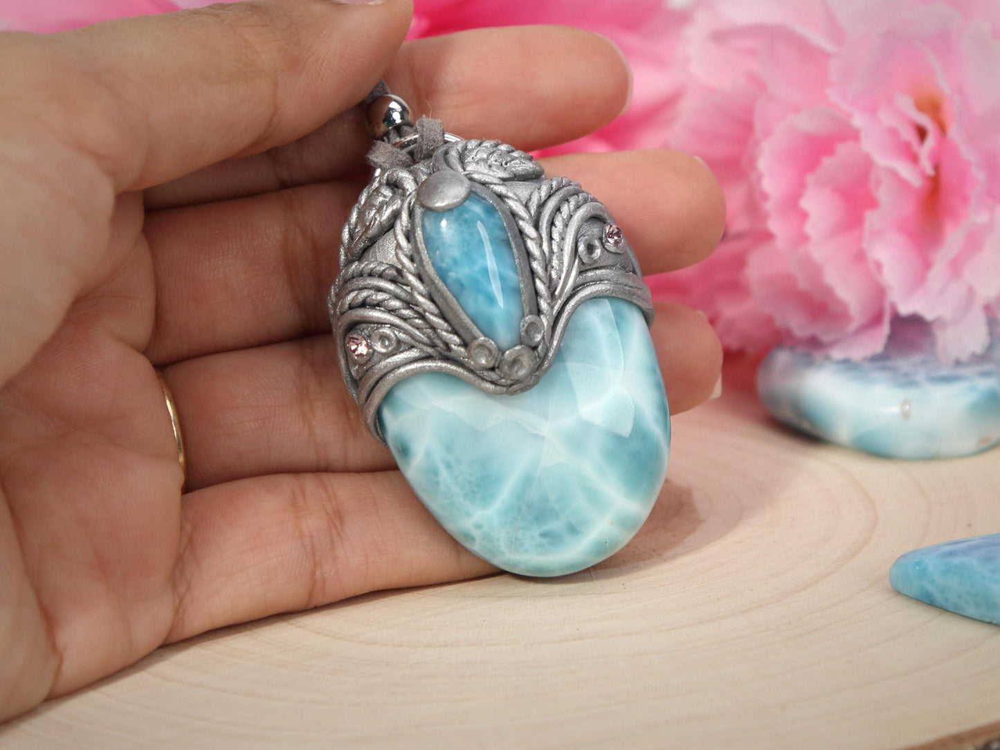 Big Double Larimar Stone Pendant, Polymer Clay, Crystal Talisman Pendant Necklace, Ocean Blue Larimar, Christmas gift