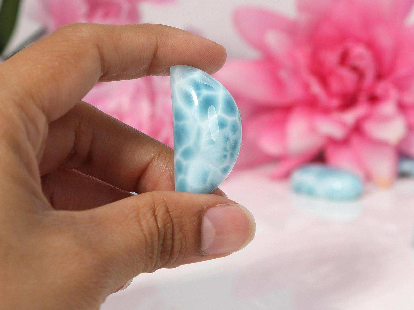 Demi-lune en larimar bleu océan, Lune en larimar AAA, Pierre de paume en larimar, Larimar bleu super, Cadeau de Noël