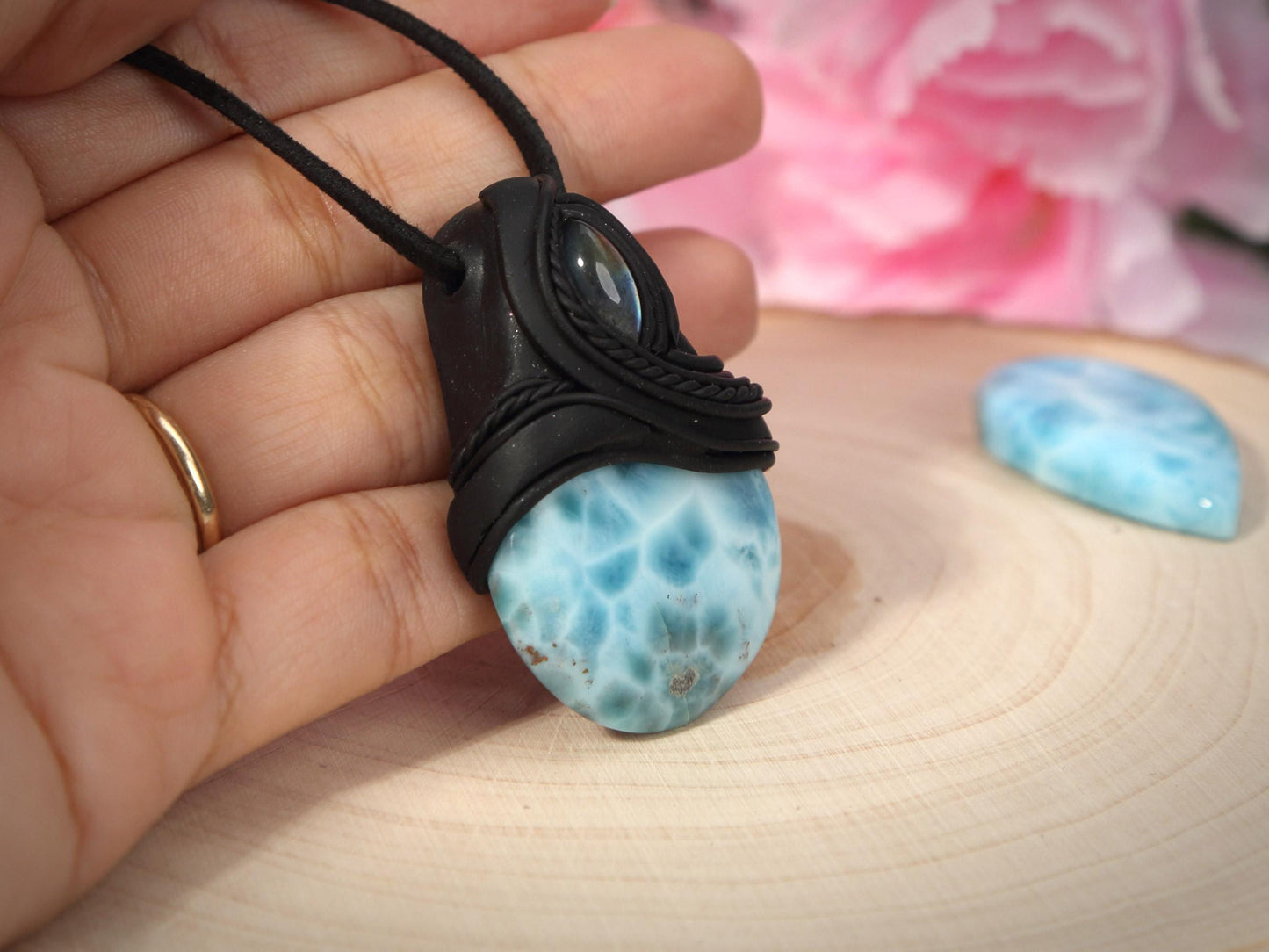 Larimar Stone and Labradorite Pendant Polymer Clay, Crystal Talisman Pendant Necklace, Ocean Blue Larimar, Christmas gift