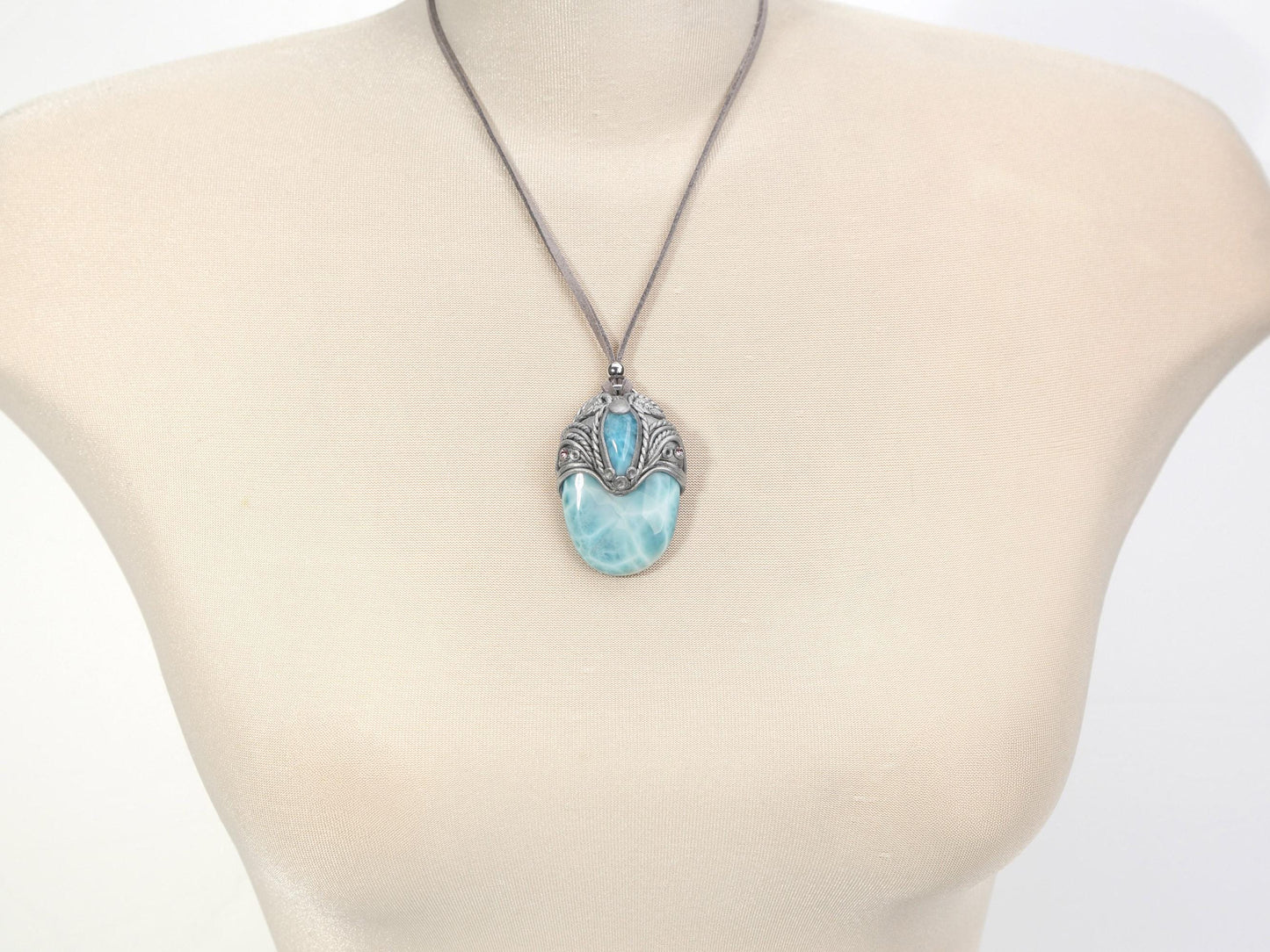 Big Double Larimar Stone Pendant, Polymer Clay, Crystal Talisman Pendant Necklace, Ocean Blue Larimar, Christmas gift