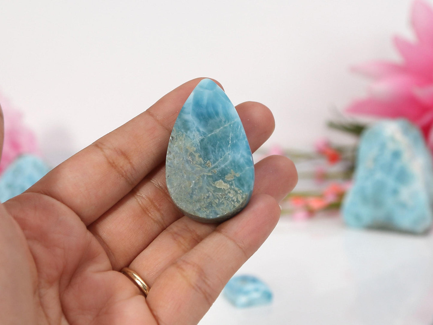 DEEPEST BLUE Larimar Stone, Teardrop Larimar Cabochon, Dark Super Blue Larimar Palm Stone Specimen, Christmas gift