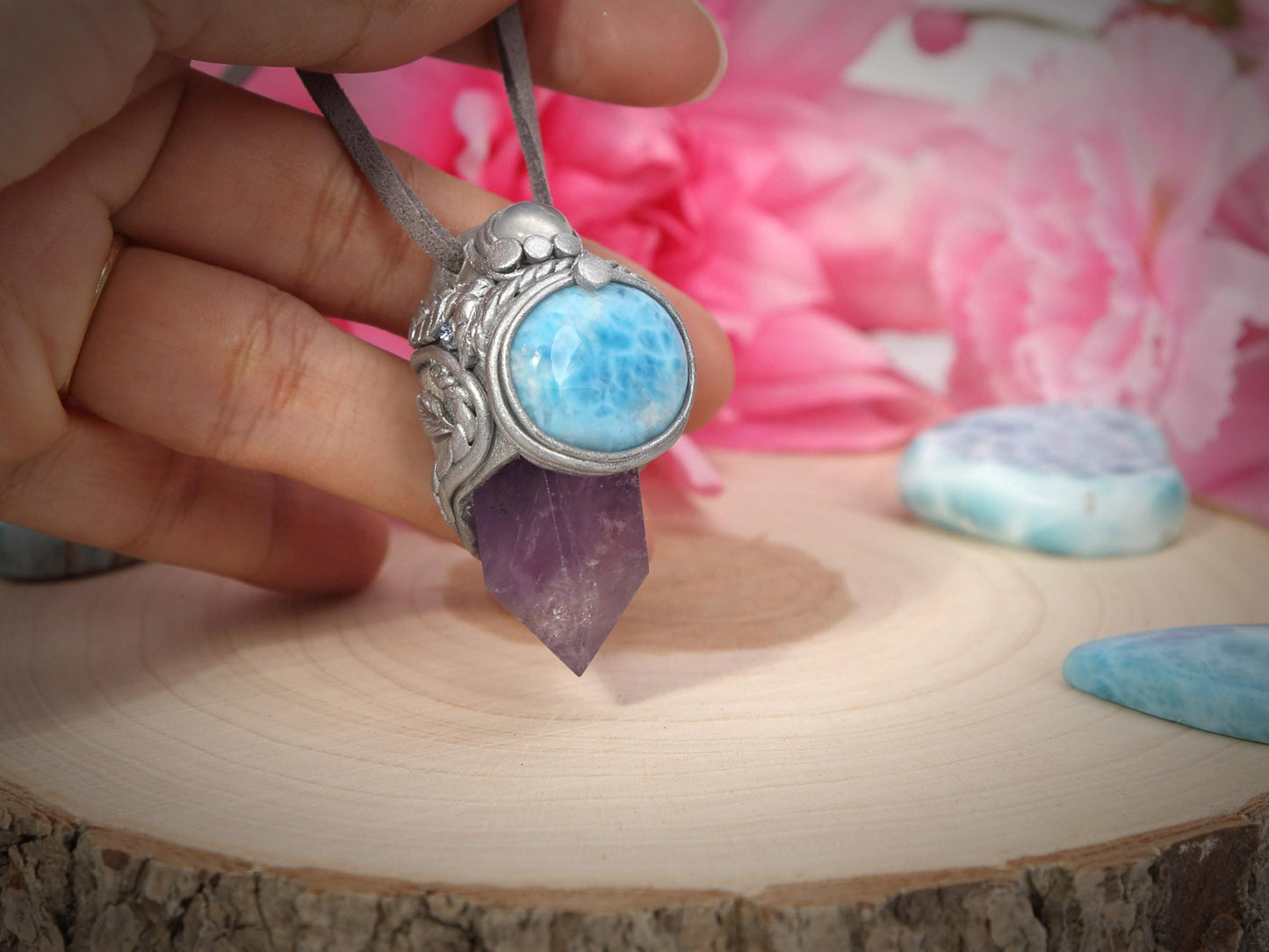 Larimar and  Amethyst Pendant, Polymer Clay Crystal Pendant Talisman Necklace, Amethyst Point, Christmas gift