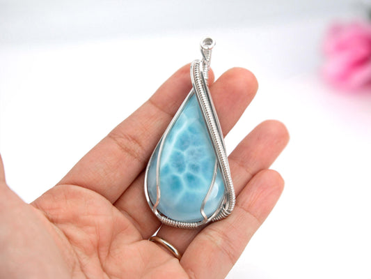 Larimar Statement Pendant, Silver wire wrapped  Larimar necklace, Top grade Larimar, AAA Larimar, Christmas gift