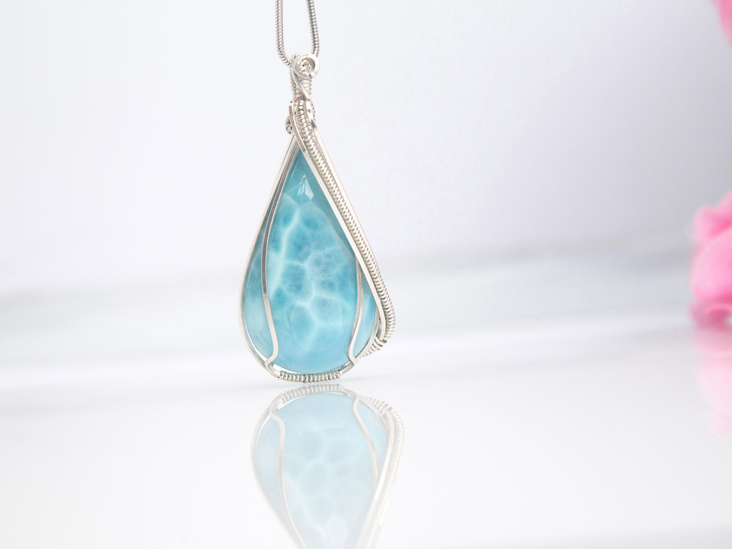 Larimar Statement Pendant, Silver wire wrapped  Larimar necklace, Top grade Larimar, AAA Larimar, Christmas gift