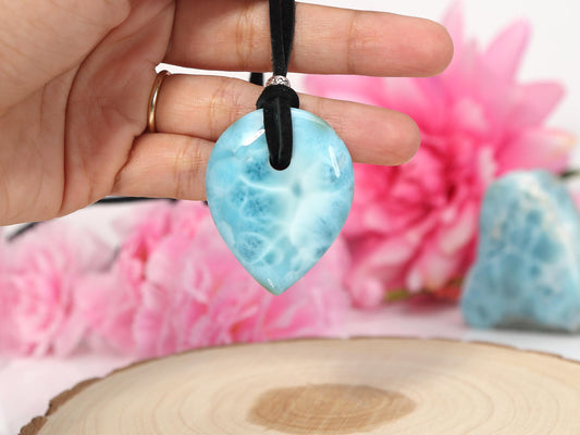OCEAN-BLUE Drilled Teardrop Larimar Pendant with cord, Top-grade Larimar Stone Pendant Boho, Christmas gift