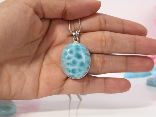 OCEAN BLUE Larimar Oval Pendant Necklace, Top Grade Larimar Stone Pendant, AAA super Blue Larimar jewelry, Christmas gift