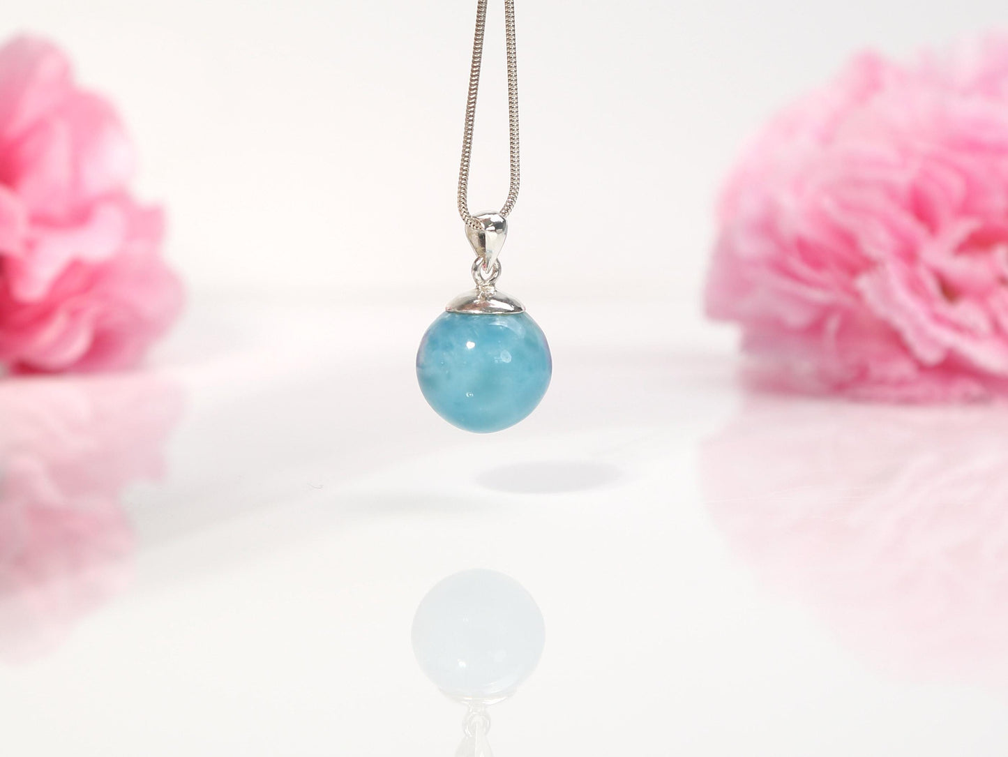 Pendentif sphère en larimar : Collier en argent sterling AAA et larimar, bijou idéal pour Noël