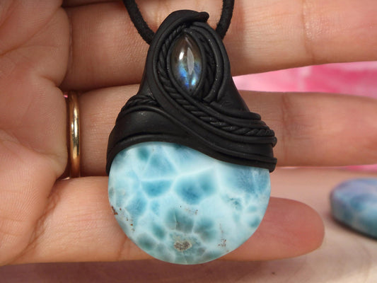 Larimar Stone and Labradorite Pendant Polymer Clay, Crystal Talisman Pendant Necklace, Ocean Blue Larimar, Christmas gift