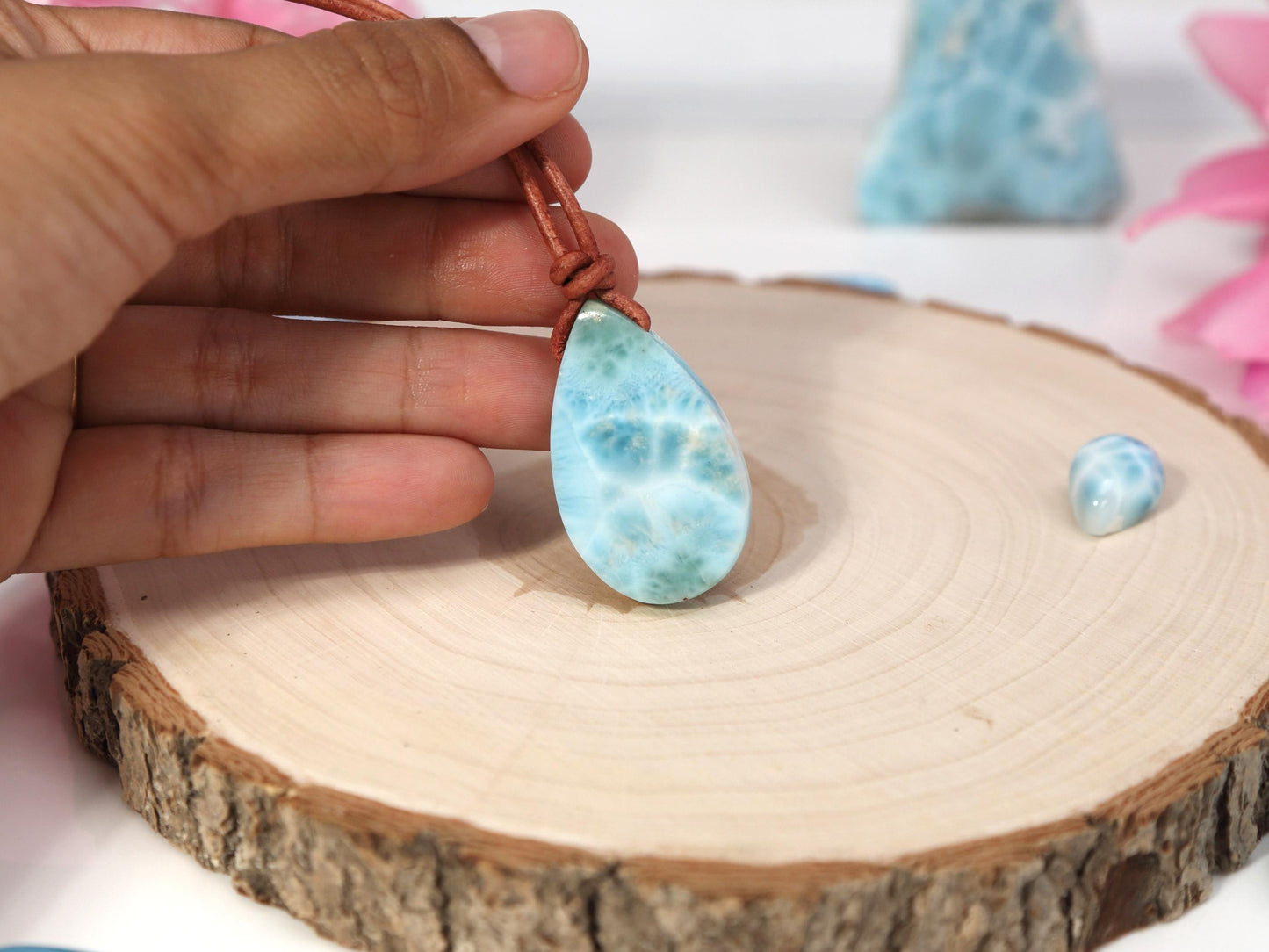 Leather Larimar Stone Pendant, Drilled Larimar, Boho Larimar Pendant Necklace with Leather Cord, Christmas gift