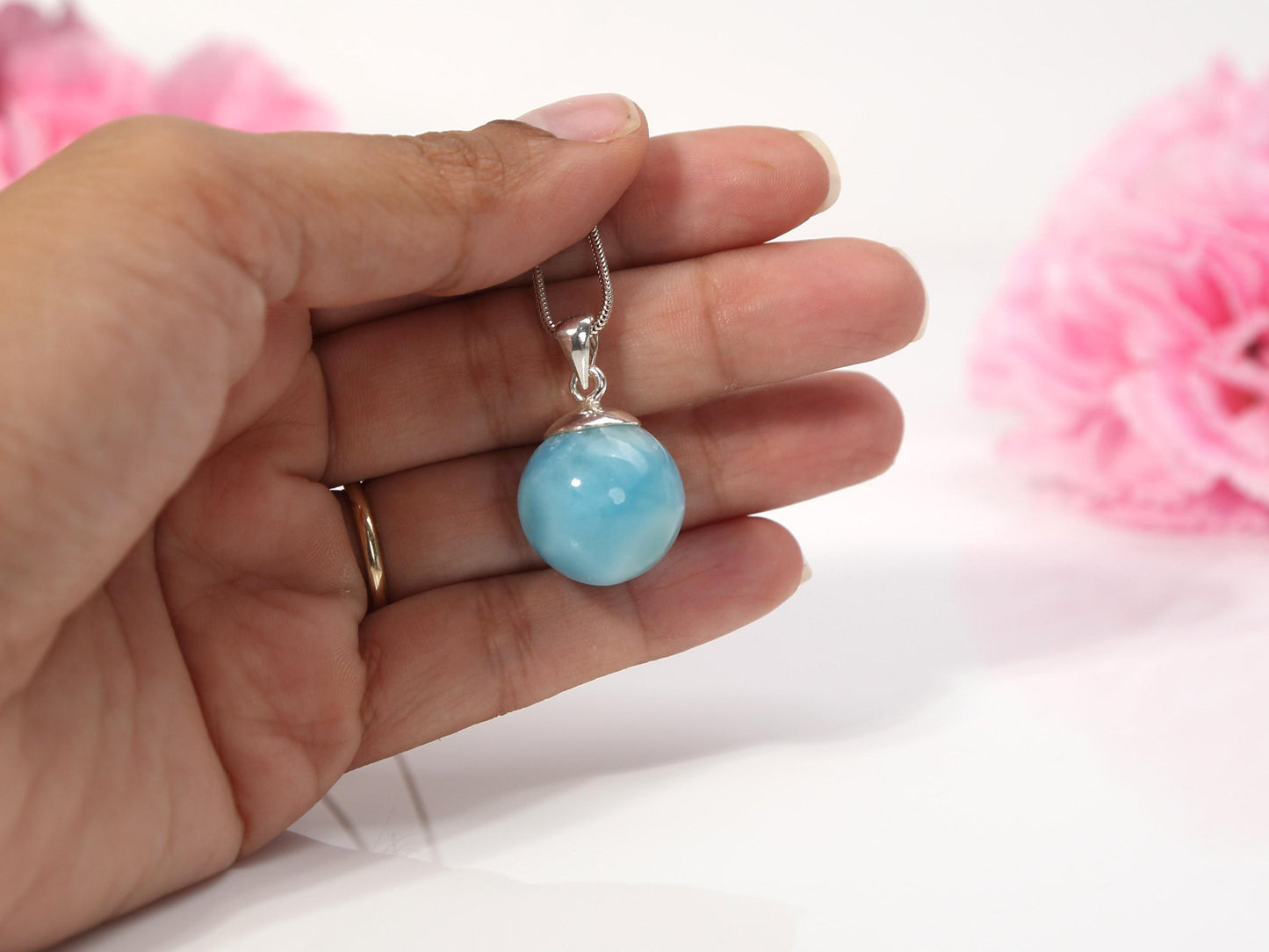 Pendentif sphère en larimar : Collier en argent sterling AAA et larimar, bijou idéal pour Noël