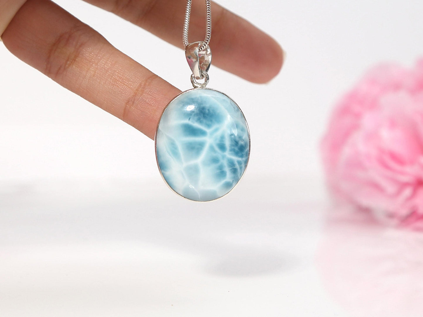 Ocean Blue Larimar Pendant: AAA Oval Sterling Silver Necklace, Christmas gift