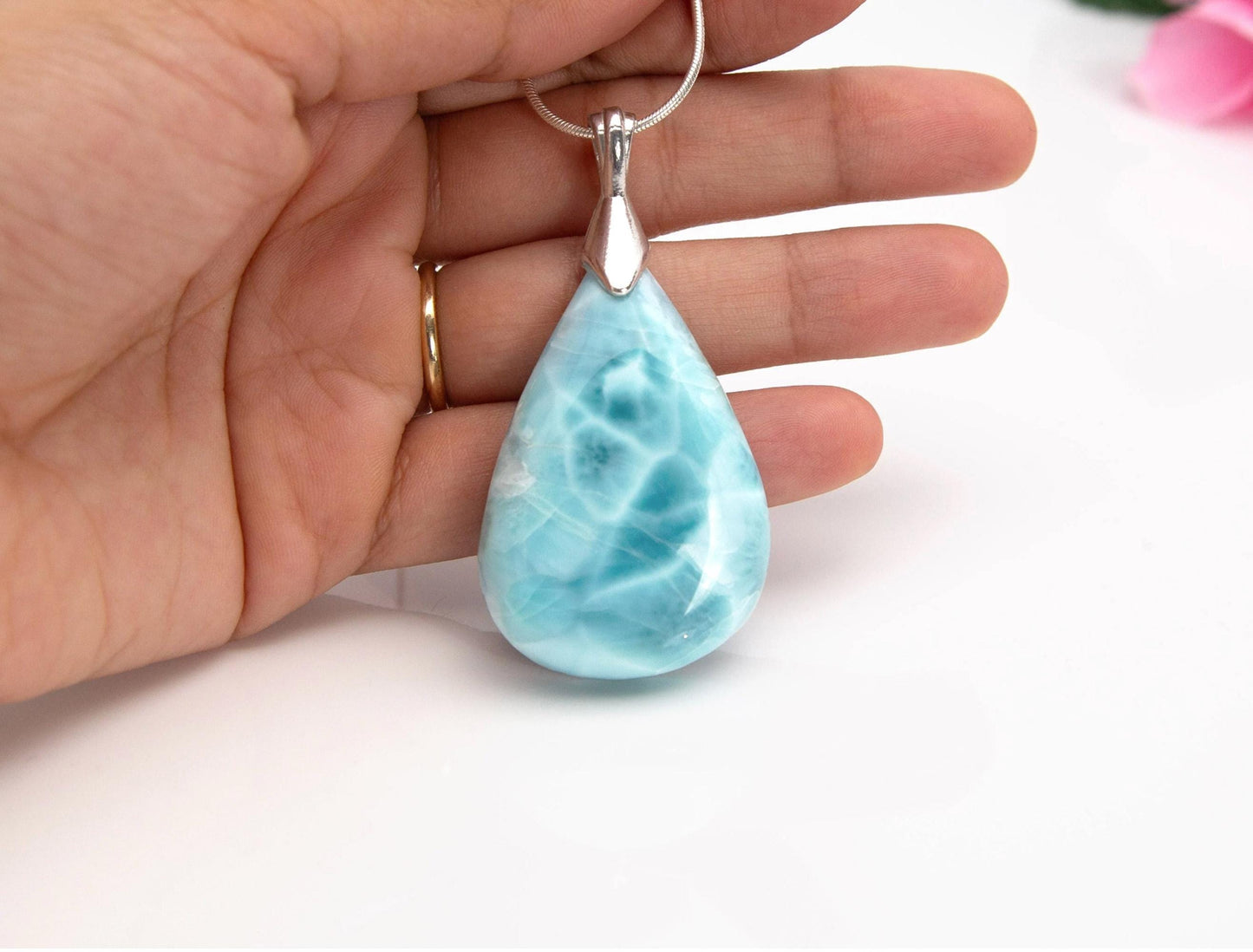 Exquisite Larimar Pear Pendant Necklace, Top Grade Larimar Stone Silver Pendant Jewelry, Christmas gift