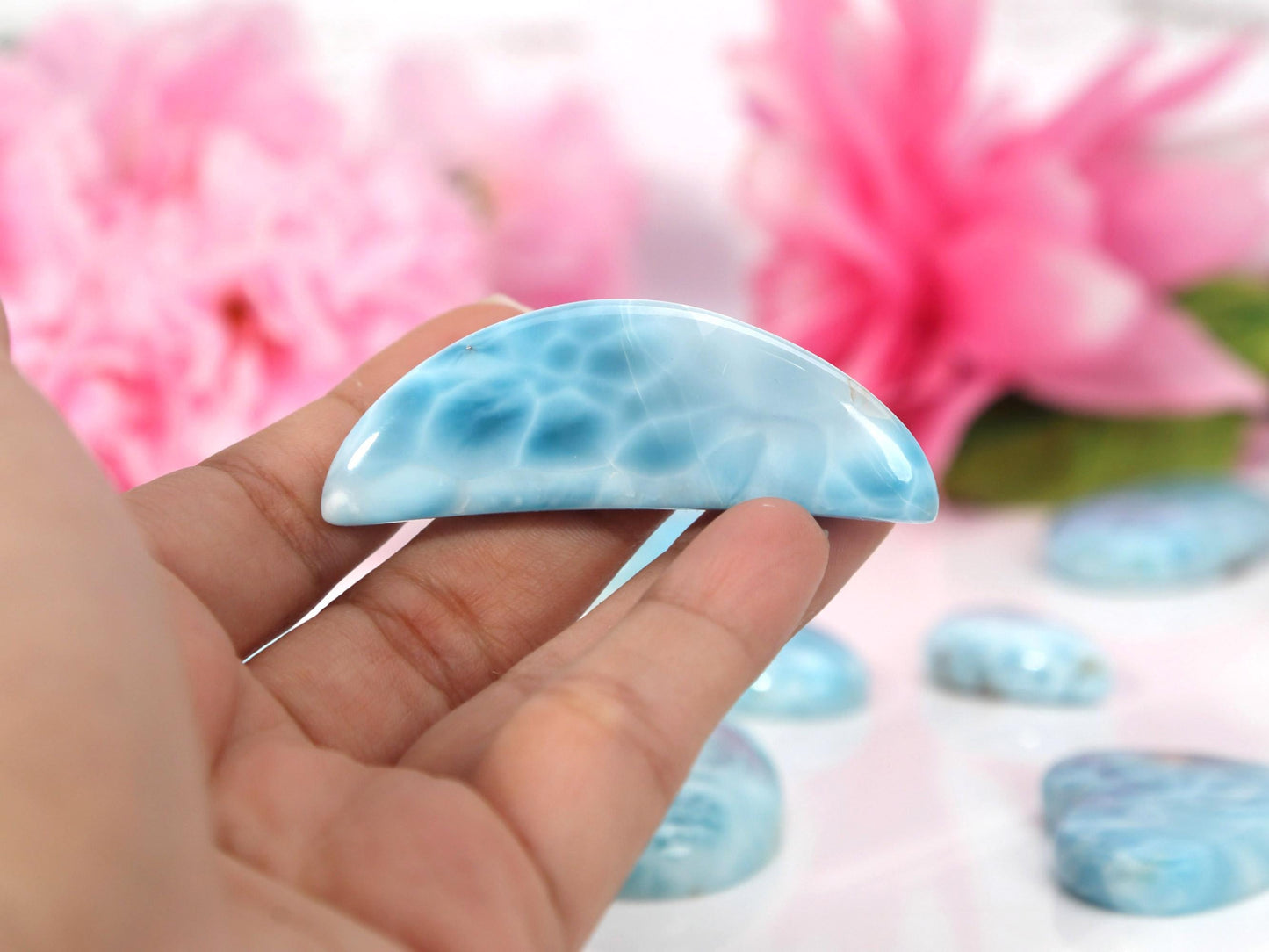 OCEAN BLUE Larimar Half-Moon, Top-grade Larimar Moon, Larimar Palm Stone, Super Blue Larimar, Christmas gift