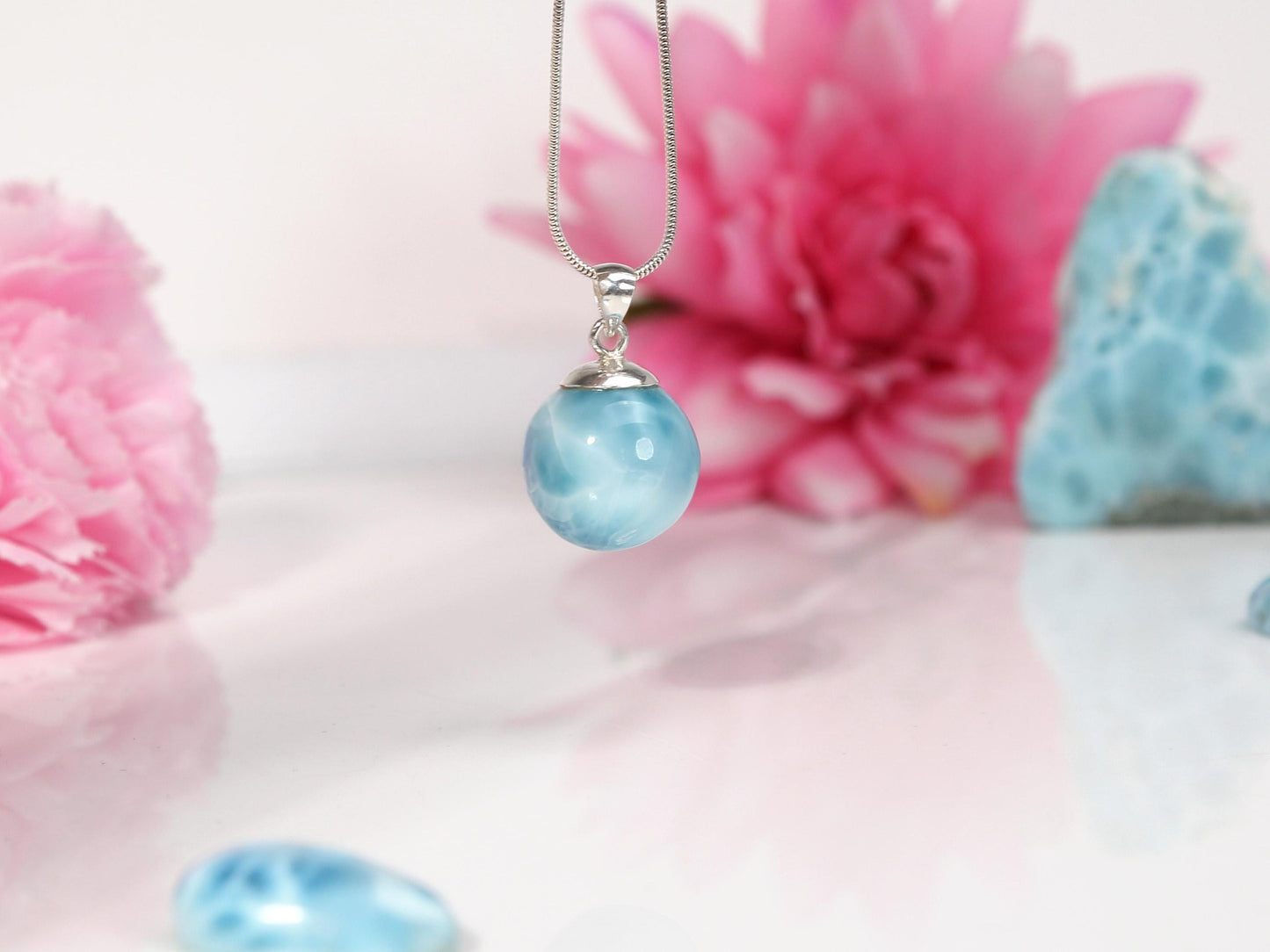 OCEAN BLUE Larimar Sphere Pendant Necklace, Top Grade Larimar Ball Pendant, AAA super Blue Larimar jewelry, Christmas gift