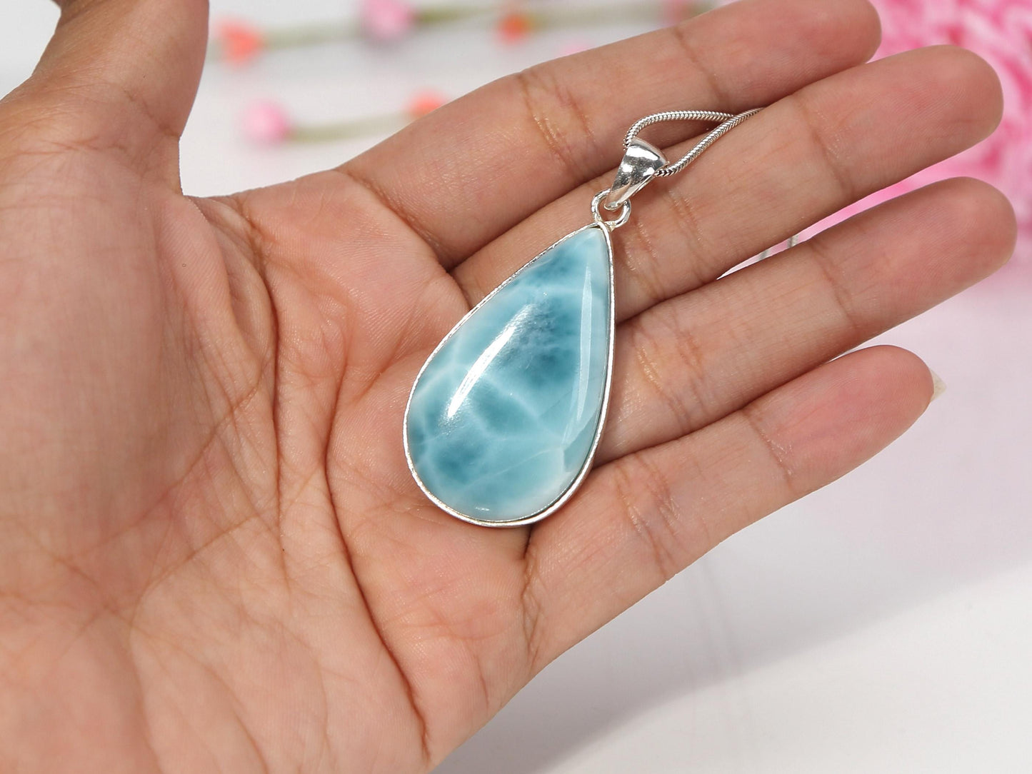 OCEAN BLUE Teardrop Larimar Pendant Necklace, Top Grade Larimar Silver Pendant, AAA Larimar jewelry, Christmas gift