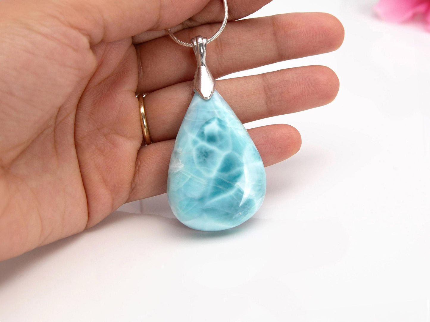 Exquisite Larimar Pear Pendant Necklace, Top Grade Larimar Stone Silver Pendant Jewelry, Christmas gift