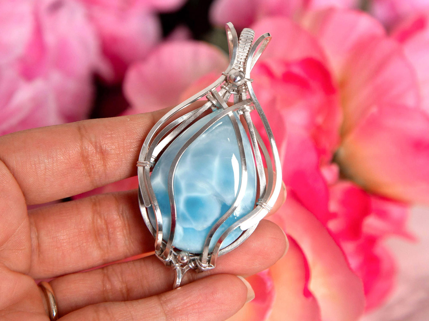 Larimar Pendant, Silver wire wrapped Statement Larimar necklace, Top grade Larimar, AAA Larimar, Christmas gift