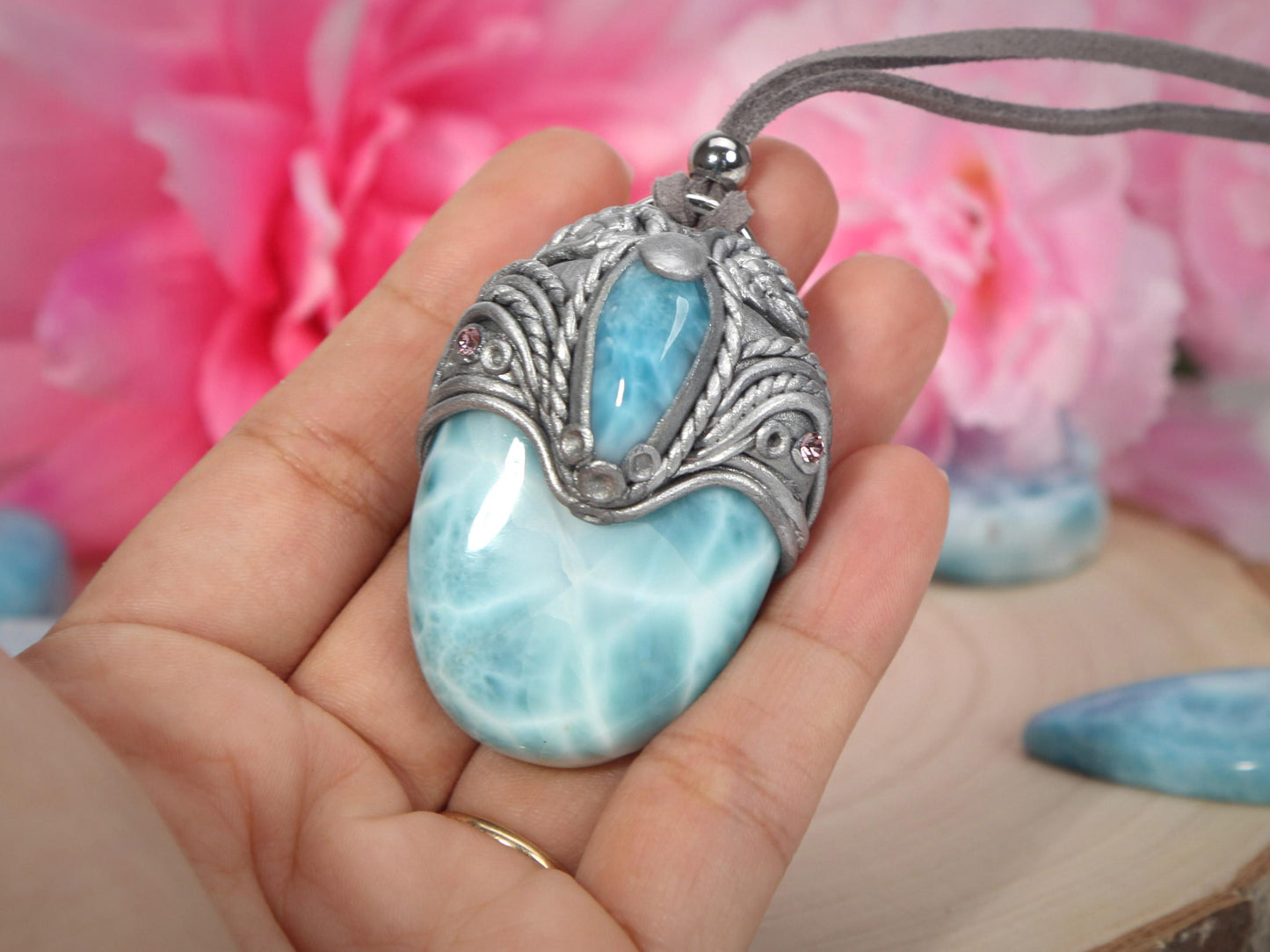 Big Double Larimar Stone Pendant, Polymer Clay, Crystal Talisman Pendant Necklace, Ocean Blue Larimar, Christmas gift