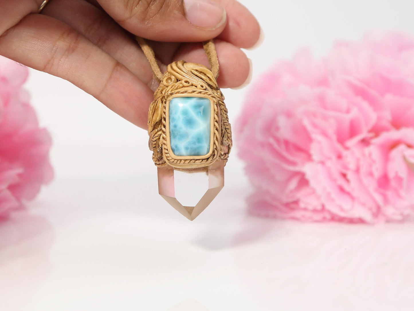 Larimar Quartz Point Pendant: Polymer Clay Talisman Necklace, Christmas gift