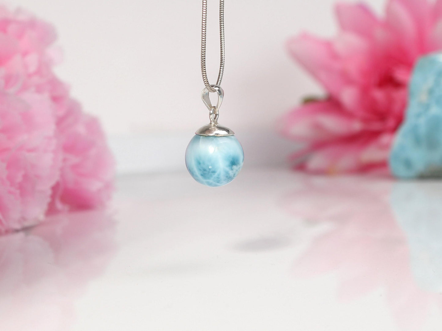 Ocean-Blue Larimar Sphere Pendant Necklace: AAA 925 Sterling Silver, Christmas gift