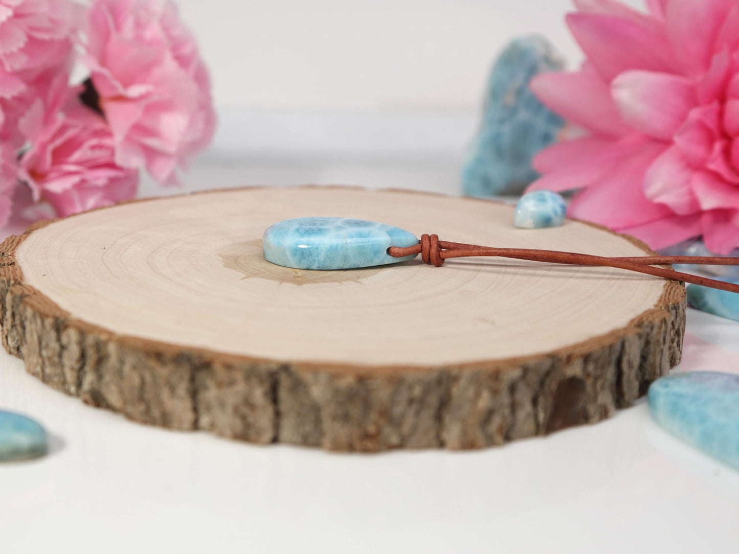 Leather Larimar Stone Pendant, Drilled Larimar, Boho Larimar Pendant Necklace with Leather Cord, Christmas gift