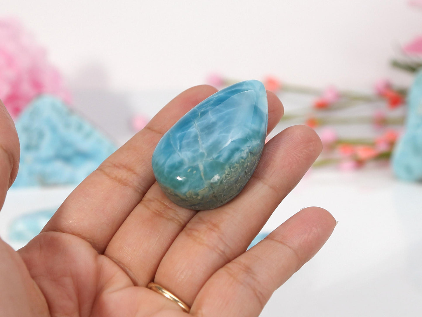 DEEPEST BLUE Larimar Stone, Teardrop Larimar Cabochon, Dark Super Blue Larimar Palm Stone Specimen, Christmas gift