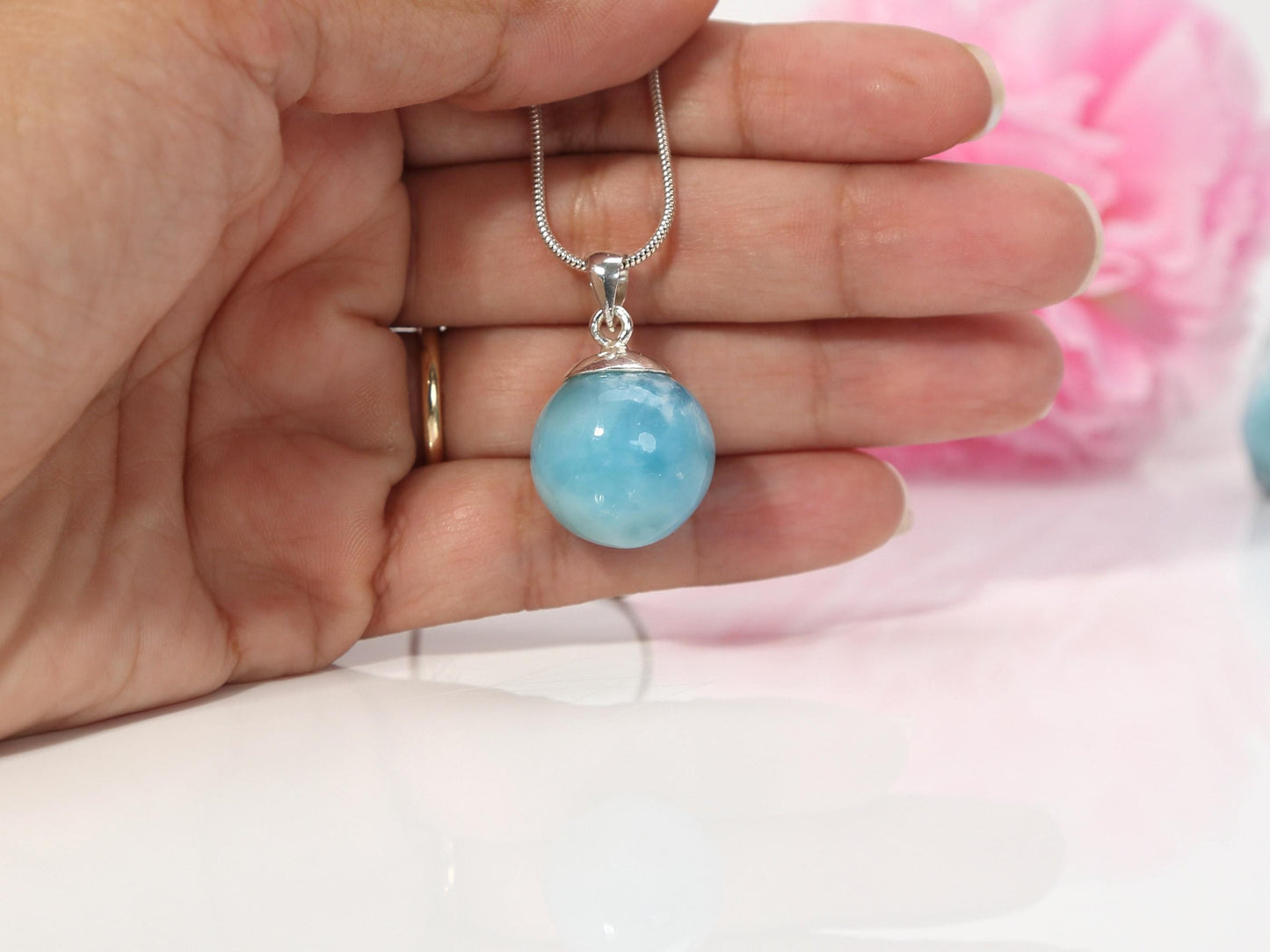 Pendentif sphère en larimar : Collier en argent sterling AAA et larimar, bijou idéal pour Noël
