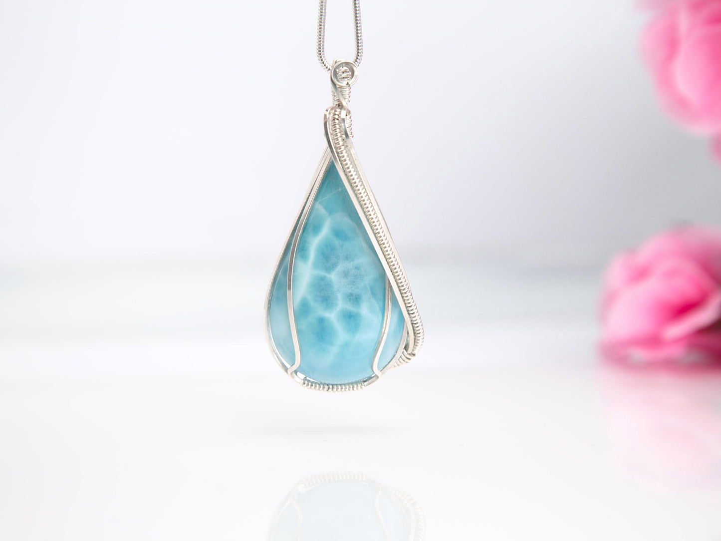 Larimar Statement Pendant, Silver wire wrapped  Larimar necklace, Top grade Larimar, AAA Larimar, Christmas gift