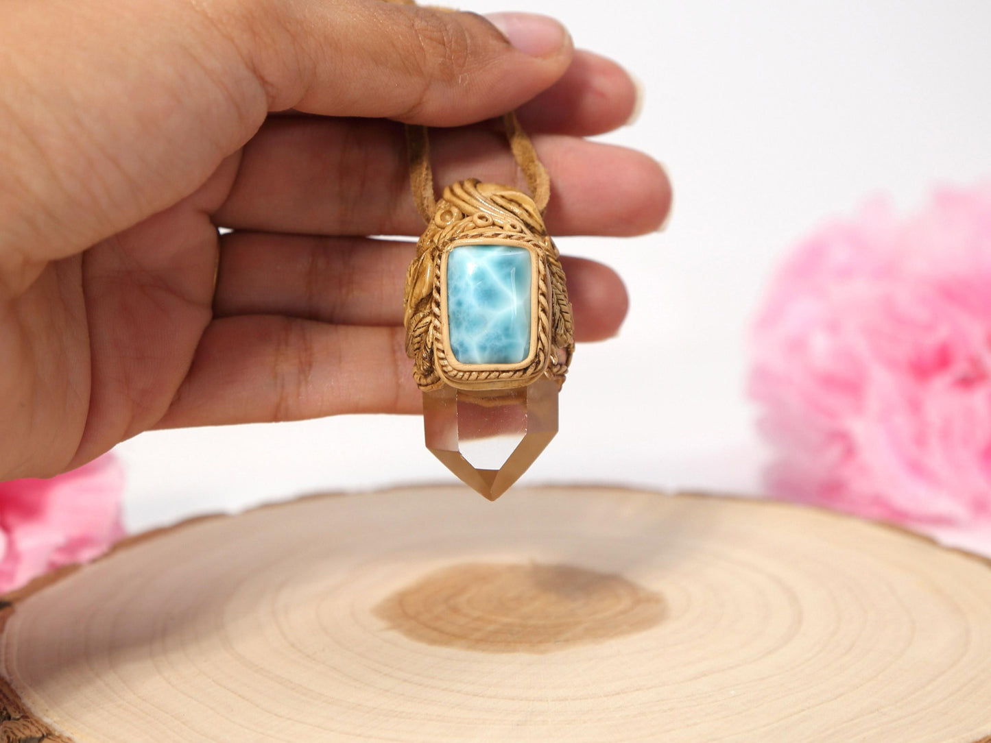 Larimar Quartz Point Pendant: Polymer Clay Talisman Necklace, Christmas gift