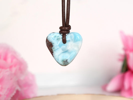 Iron Larimar Heart Pendant, Drilled Larimar, Boho Larimar Pendant Necklace with Leather Cord, Christmas gift