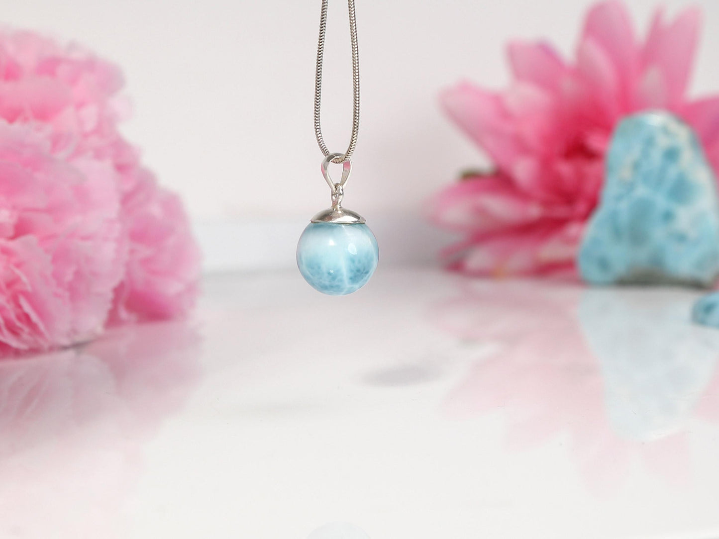 Ocean-Blue Larimar Sphere Pendant Necklace: AAA 925 Sterling Silver, Christmas gift