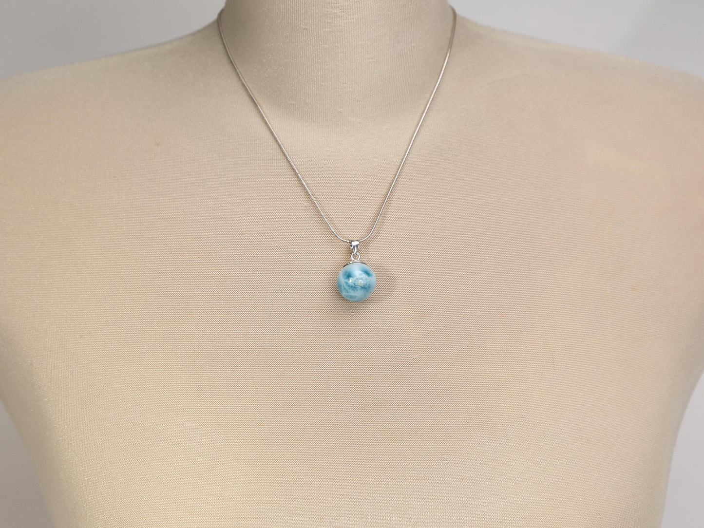 Ocean-Blue Larimar Sphere Pendant Necklace: AAA 925 Sterling Silver, Christmas gift
