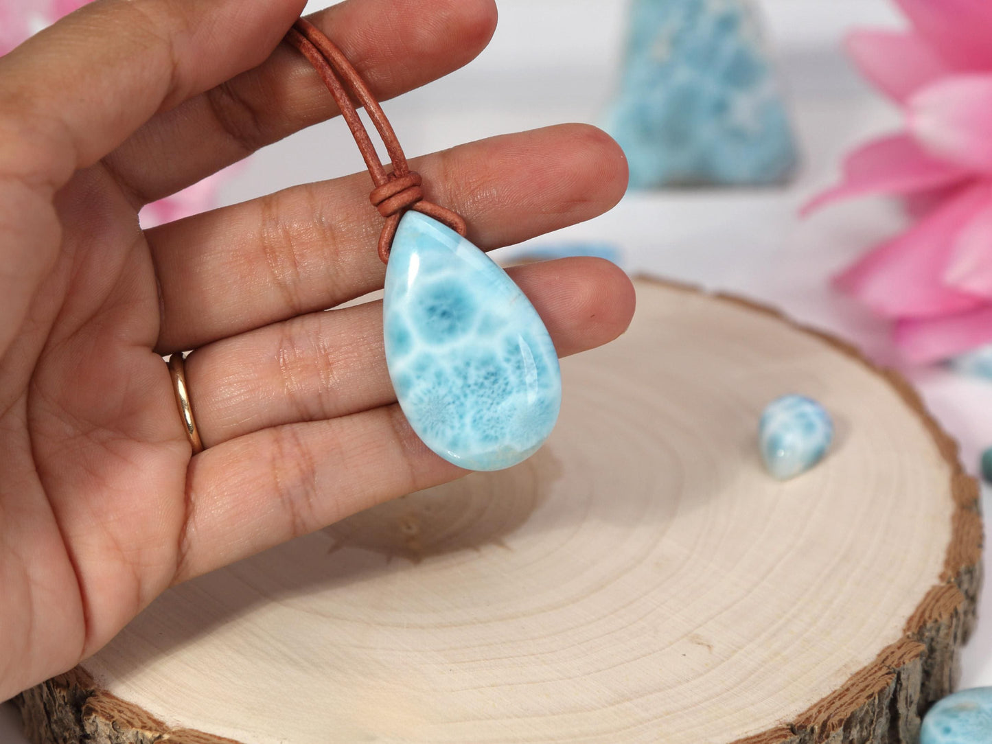 Leather Larimar Stone Pendant, Drilled Larimar, Boho Larimar Pendant Necklace with Leather Cord, Christmas gift