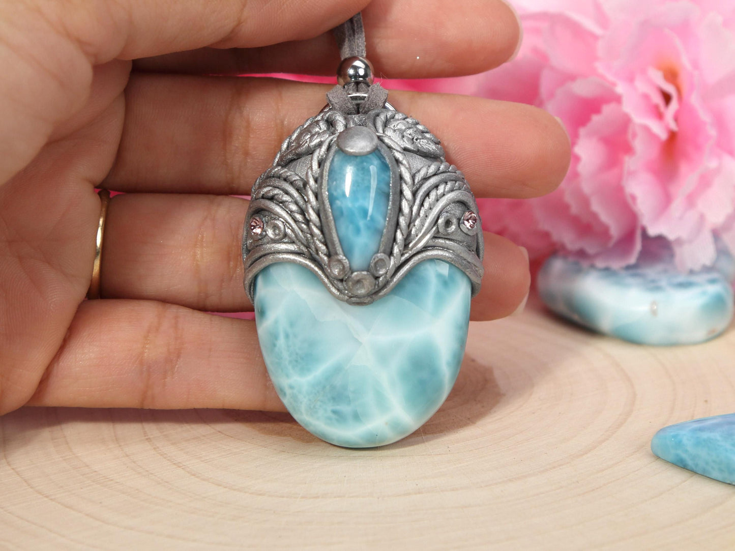 Big Double Larimar Stone Pendant, Polymer Clay, Crystal Talisman Pendant Necklace, Ocean Blue Larimar, Christmas gift