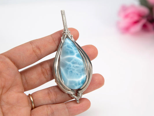 Statement Larimar Pendant, Silver wire wrapped  Larimar necklace, Top grade Larimar, AAA Larimar, Christmas gift