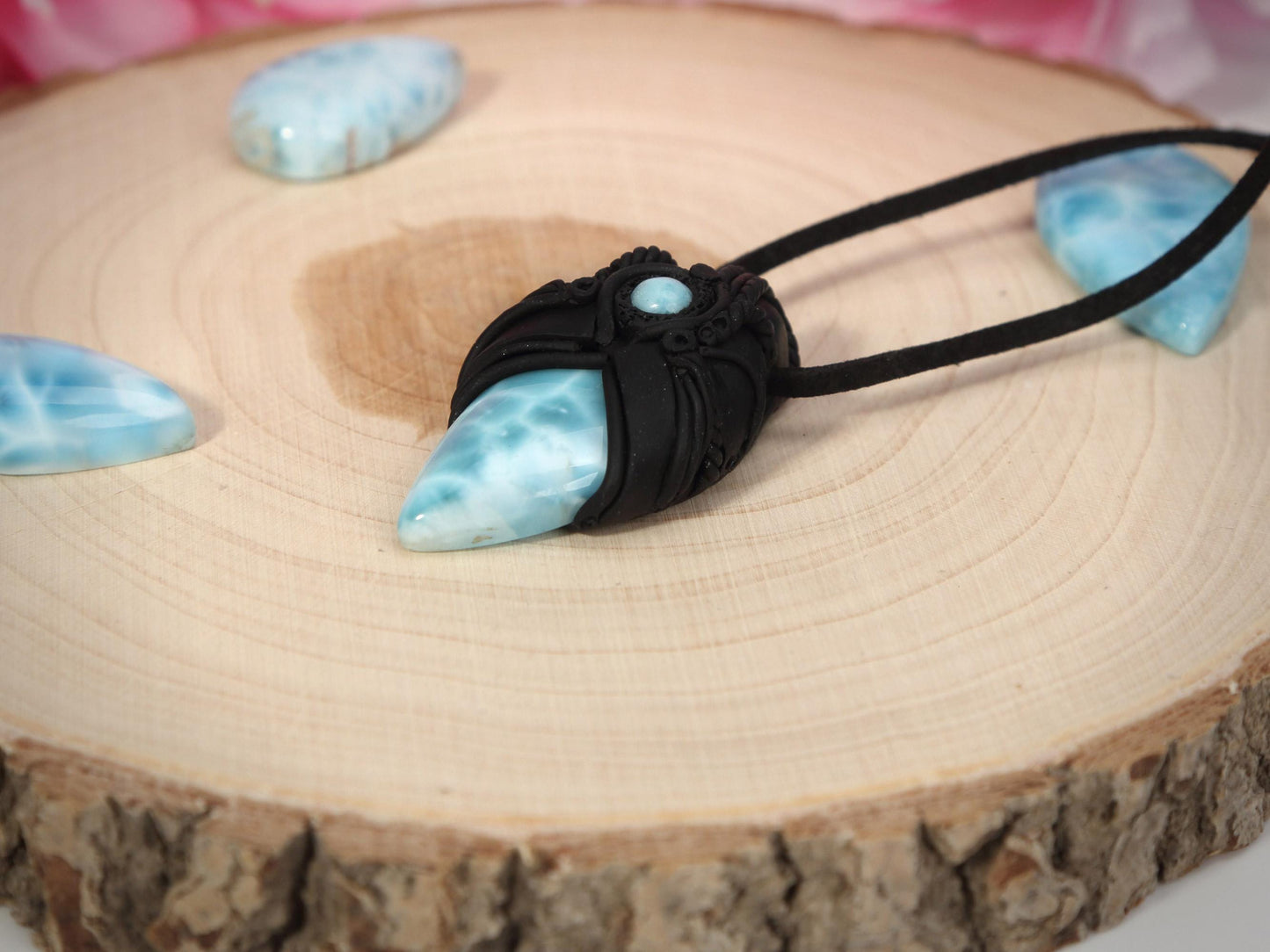 Double Larimar Stone Pendant, Polymer Clay, Crystal Talisman Pendant Necklace, Ocean Blue Larimar, Christmas gift