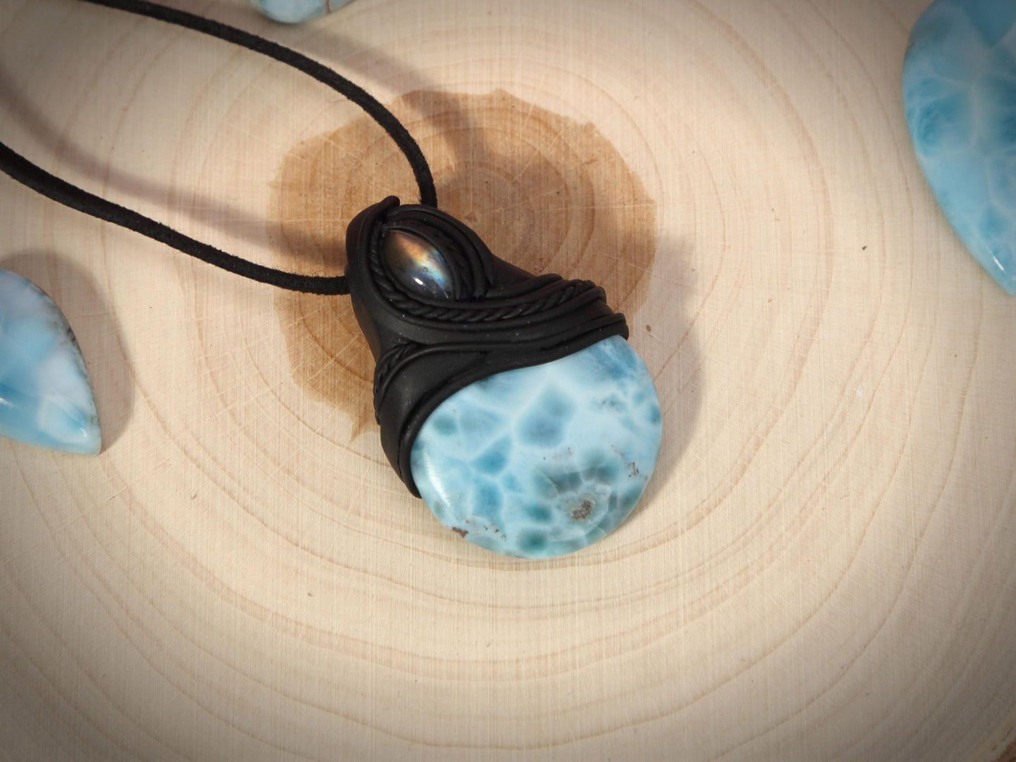 Larimar Stone and Labradorite Pendant Polymer Clay, Crystal Talisman Pendant Necklace, Ocean Blue Larimar, Christmas gift