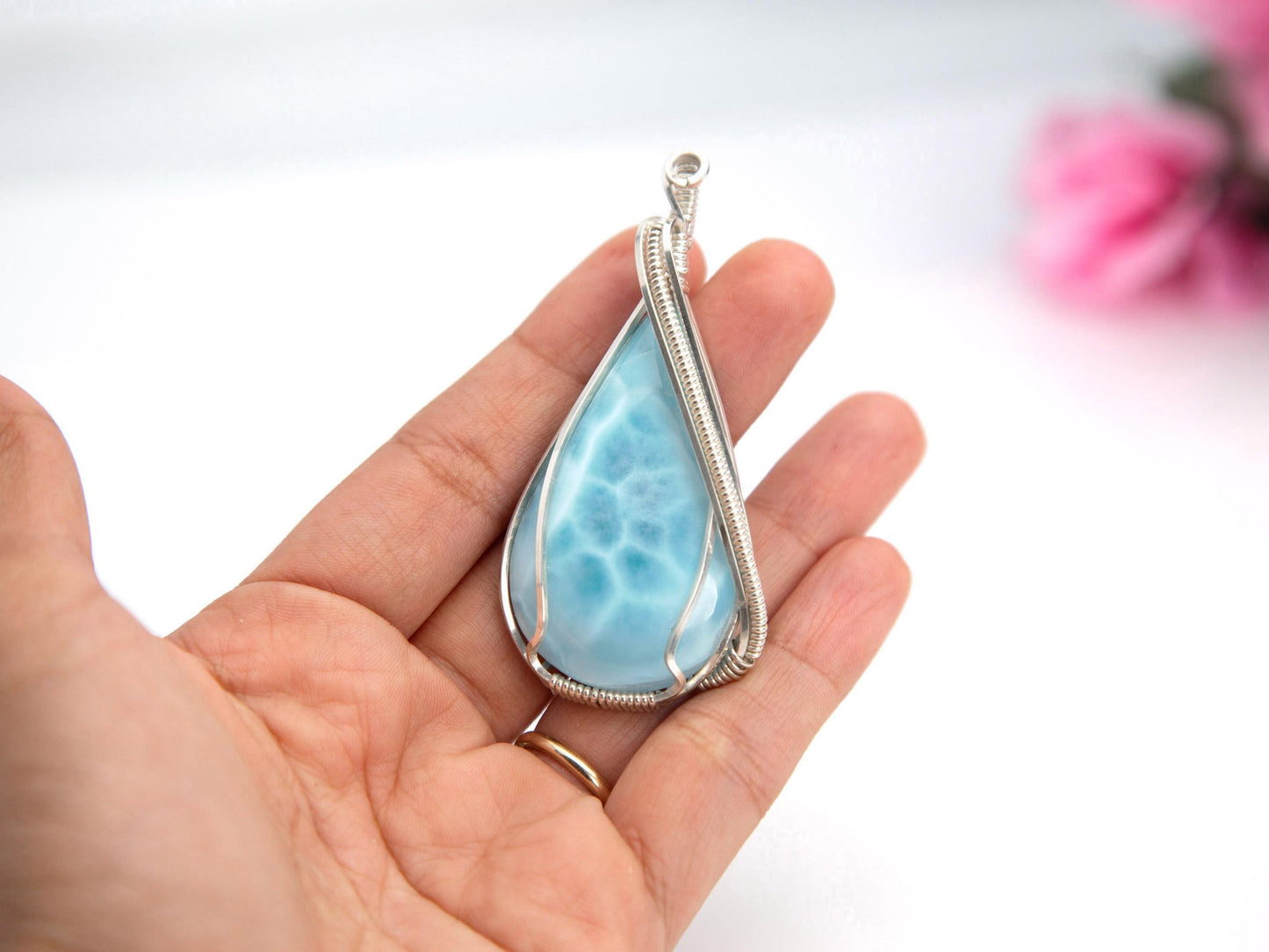 Larimar Statement Pendant, Silver wire wrapped  Larimar necklace, Top grade Larimar, AAA Larimar, Christmas gift