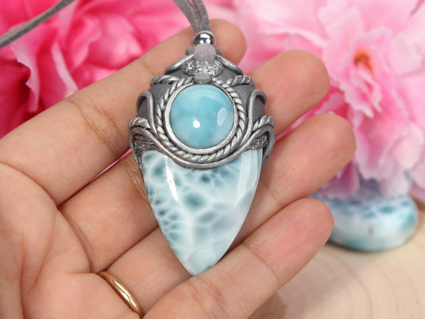 Double Larimar Stone Pendant, Polymer Clay, Crystal Talisman Pendant Necklace, Ocean Blue Larimar, Christmas gift