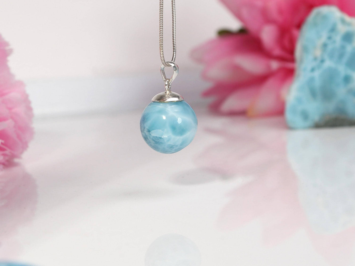 OCEAN BLUE Larimar Sphere Pendant Necklace, Top Grade Larimar Ball Pendant, AAA super Blue Larimar jewelry, Christmas gift
