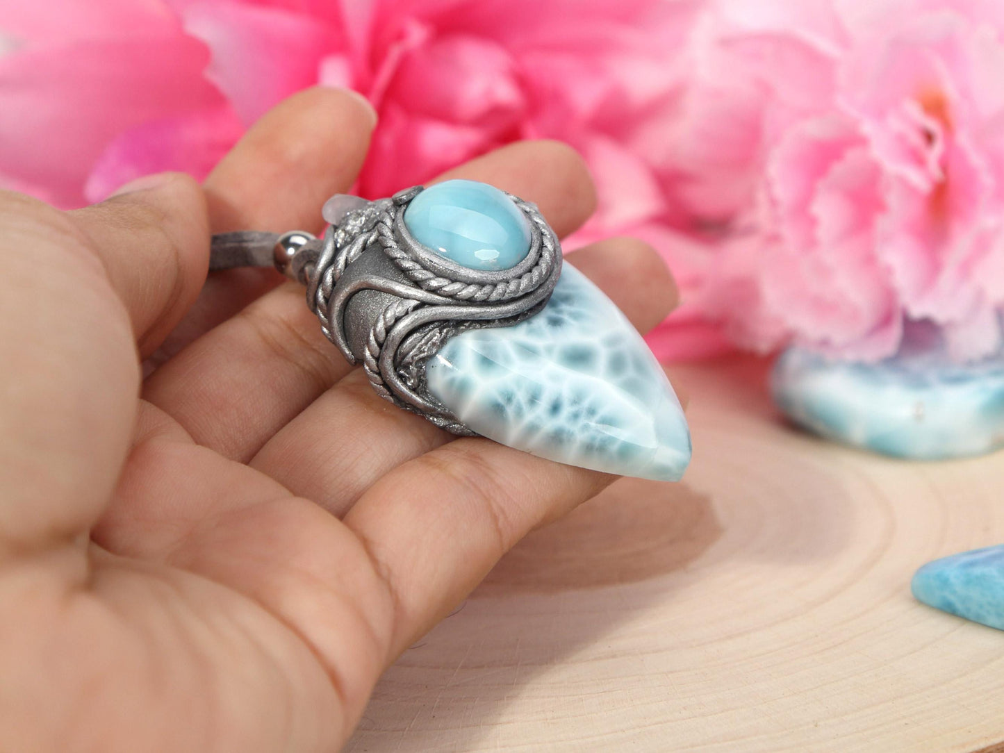 Double Larimar Stone Pendant, Polymer Clay, Crystal Talisman Pendant Necklace, Ocean Blue Larimar, Christmas gift