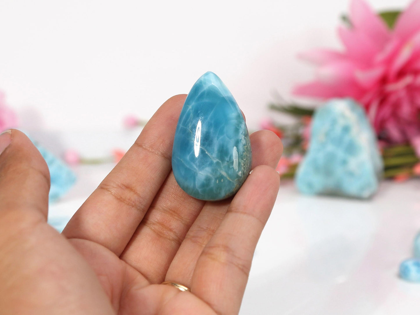 DEEPEST BLUE Larimar Stone, Teardrop Larimar Cabochon, Dark Super Blue Larimar Palm Stone Specimen, Christmas gift