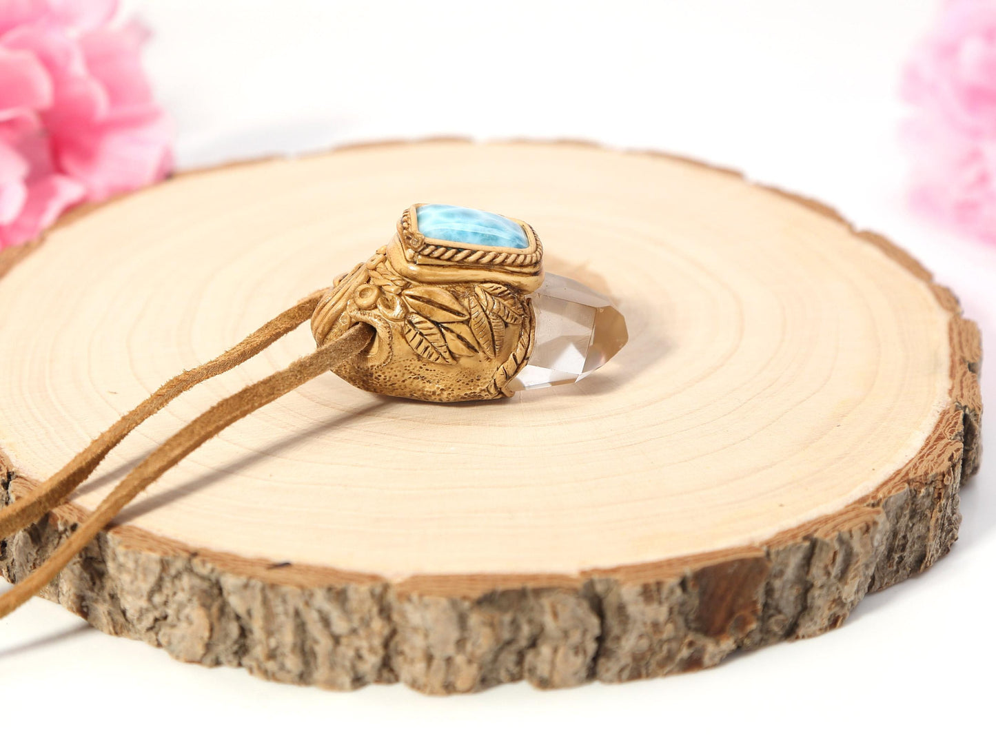 Larimar Quartz Point Pendant: Polymer Clay Talisman Necklace, Christmas gift